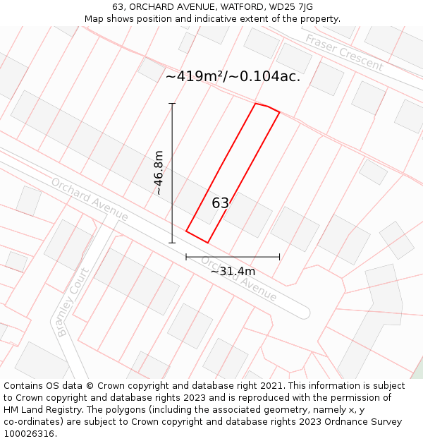 63, ORCHARD AVENUE, WATFORD, WD25 7JG: Plot and title map