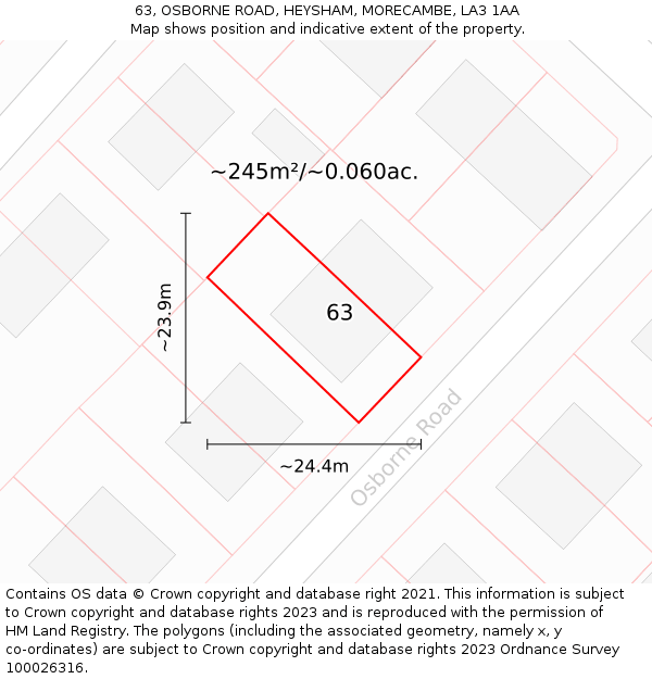 63, OSBORNE ROAD, HEYSHAM, MORECAMBE, LA3 1AA: Plot and title map