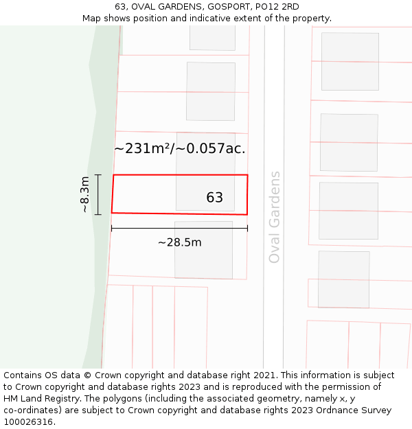 63, OVAL GARDENS, GOSPORT, PO12 2RD: Plot and title map