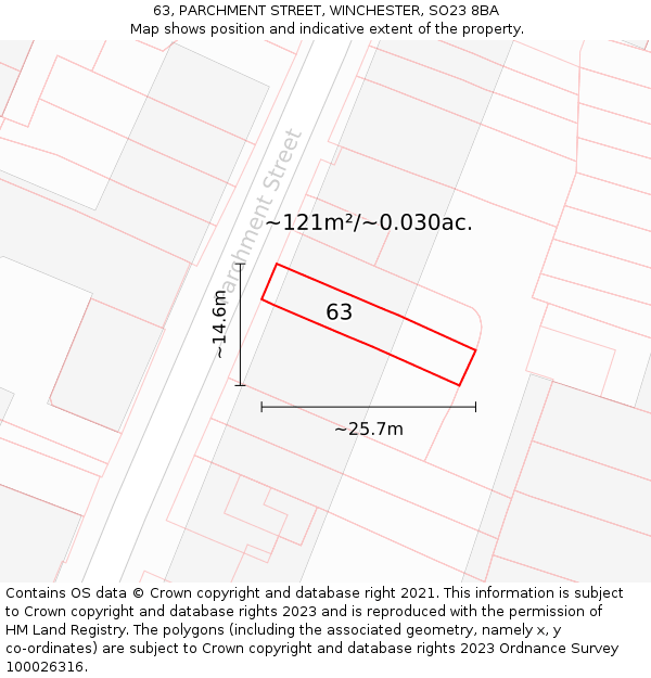 63, PARCHMENT STREET, WINCHESTER, SO23 8BA: Plot and title map