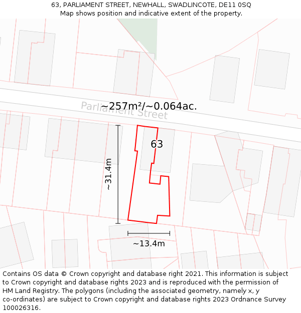 63, PARLIAMENT STREET, NEWHALL, SWADLINCOTE, DE11 0SQ: Plot and title map