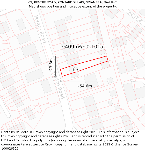 63, PENTRE ROAD, PONTARDDULAIS, SWANSEA, SA4 8HT: Plot and title map