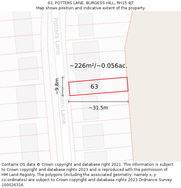 63, POTTERS LANE, BURGESS HILL, RH15 9JT: Plot and title map