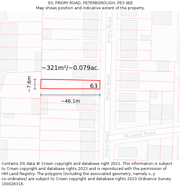 63, PRIORY ROAD, PETERBOROUGH, PE3 9EE: Plot and title map