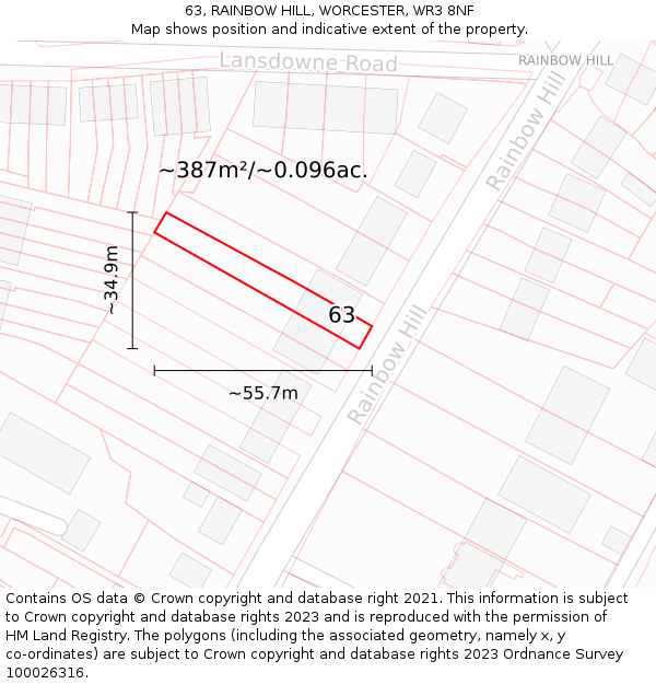 63, RAINBOW HILL, WORCESTER, WR3 8NF: Plot and title map