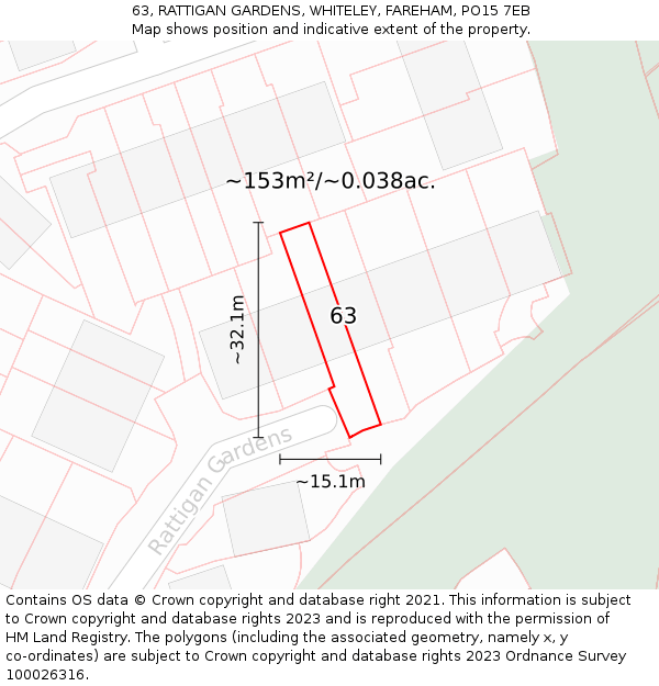 63, RATTIGAN GARDENS, WHITELEY, FAREHAM, PO15 7EB: Plot and title map