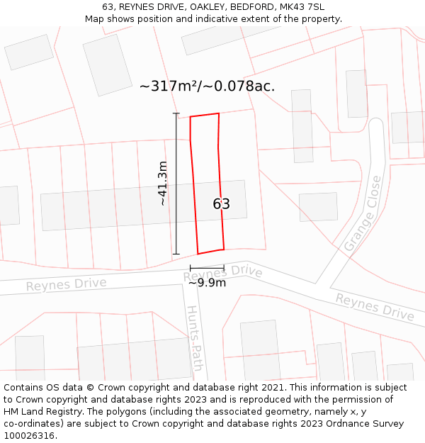 63, REYNES DRIVE, OAKLEY, BEDFORD, MK43 7SL: Plot and title map