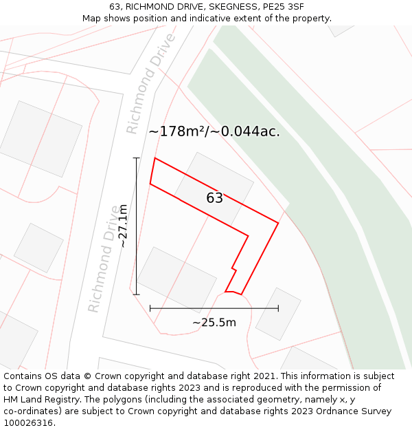 63, RICHMOND DRIVE, SKEGNESS, PE25 3SF: Plot and title map