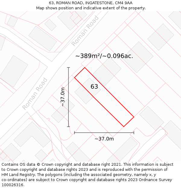 63, ROMAN ROAD, INGATESTONE, CM4 9AA: Plot and title map