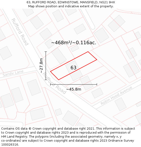 63, RUFFORD ROAD, EDWINSTOWE, MANSFIELD, NG21 9HX: Plot and title map