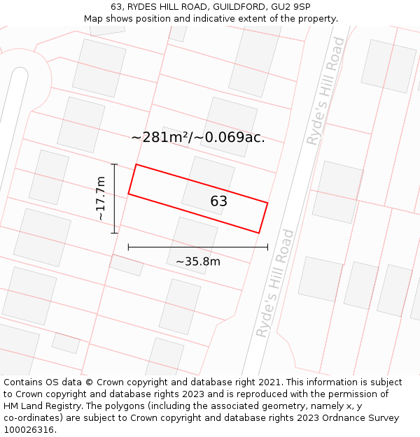 63, RYDES HILL ROAD, GUILDFORD, GU2 9SP: Plot and title map