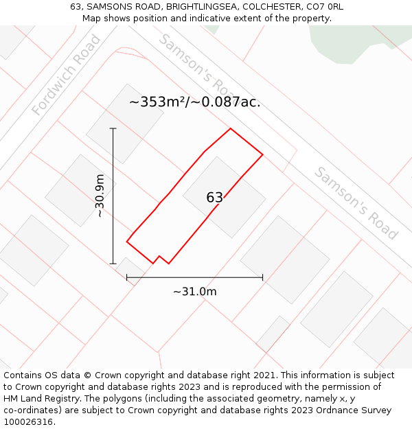 63, SAMSONS ROAD, BRIGHTLINGSEA, COLCHESTER, CO7 0RL: Plot and title map