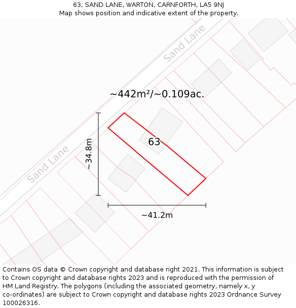 63, SAND LANE, WARTON, CARNFORTH, LA5 9NJ: Plot and title map