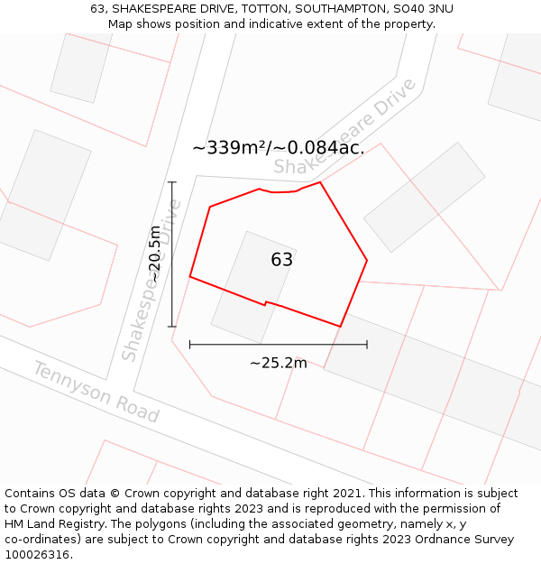 63, SHAKESPEARE DRIVE, TOTTON, SOUTHAMPTON, SO40 3NU: Plot and title map