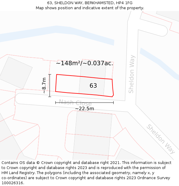 63, SHELDON WAY, BERKHAMSTED, HP4 1FG: Plot and title map