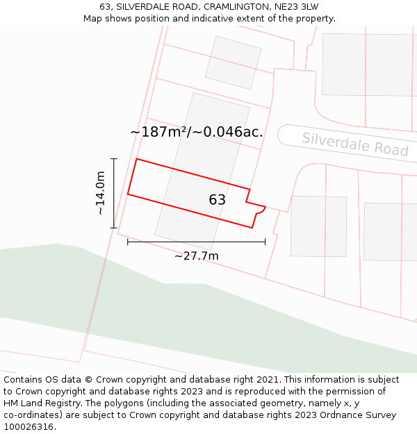 63, SILVERDALE ROAD, CRAMLINGTON, NE23 3LW: Plot and title map