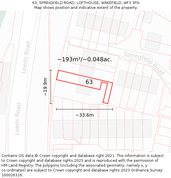 63, SPRINGFIELD ROAD, LOFTHOUSE, WAKEFIELD, WF3 3FN: Plot and title map