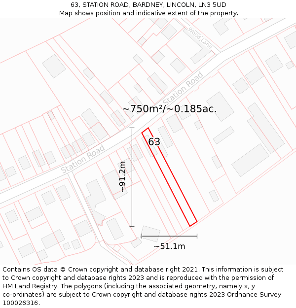 63, STATION ROAD, BARDNEY, LINCOLN, LN3 5UD: Plot and title map