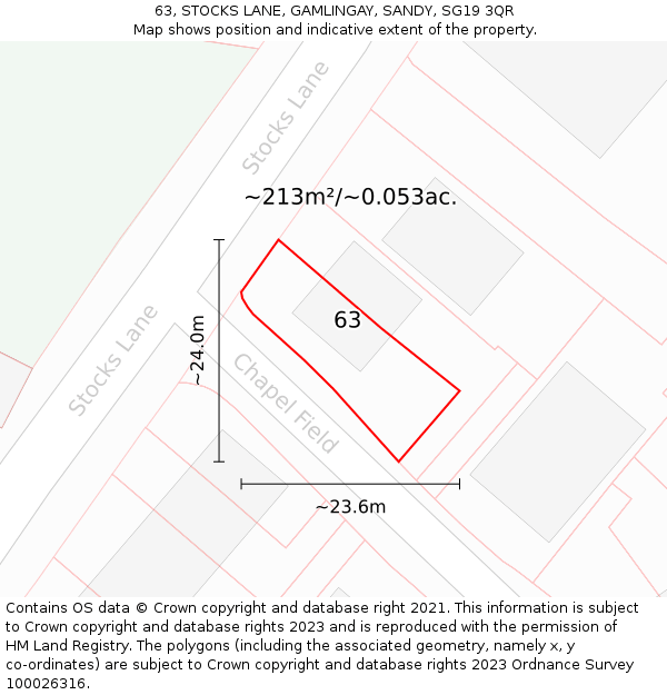63, STOCKS LANE, GAMLINGAY, SANDY, SG19 3QR: Plot and title map