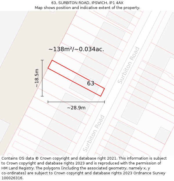 63, SURBITON ROAD, IPSWICH, IP1 4AX: Plot and title map