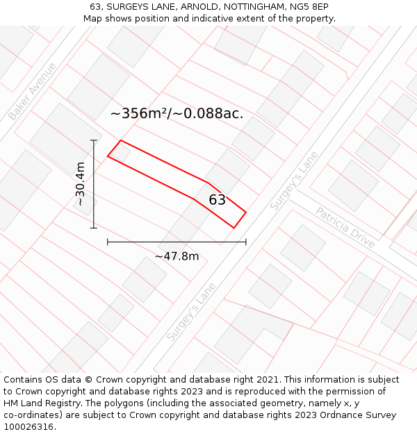 63, SURGEYS LANE, ARNOLD, NOTTINGHAM, NG5 8EP: Plot and title map