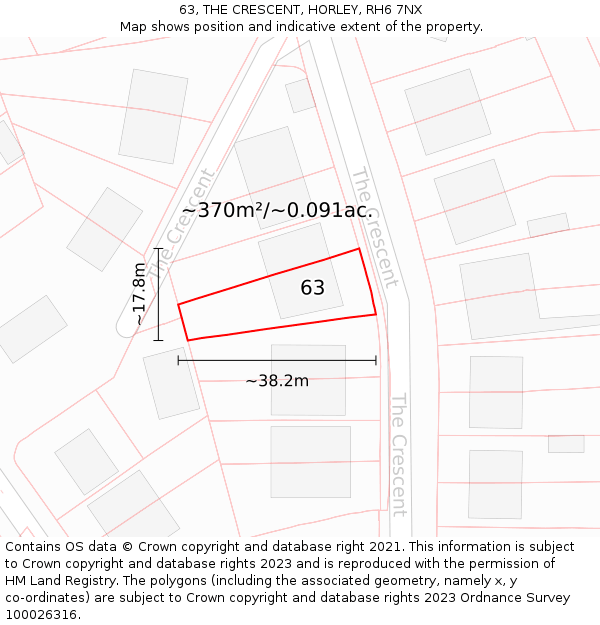 63, THE CRESCENT, HORLEY, RH6 7NX: Plot and title map