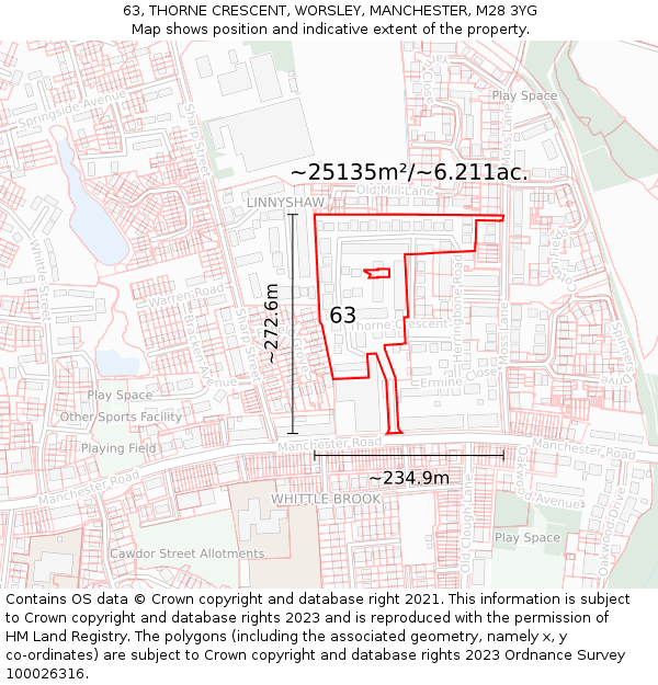 63, THORNE CRESCENT, WORSLEY, MANCHESTER, M28 3YG: Plot and title map