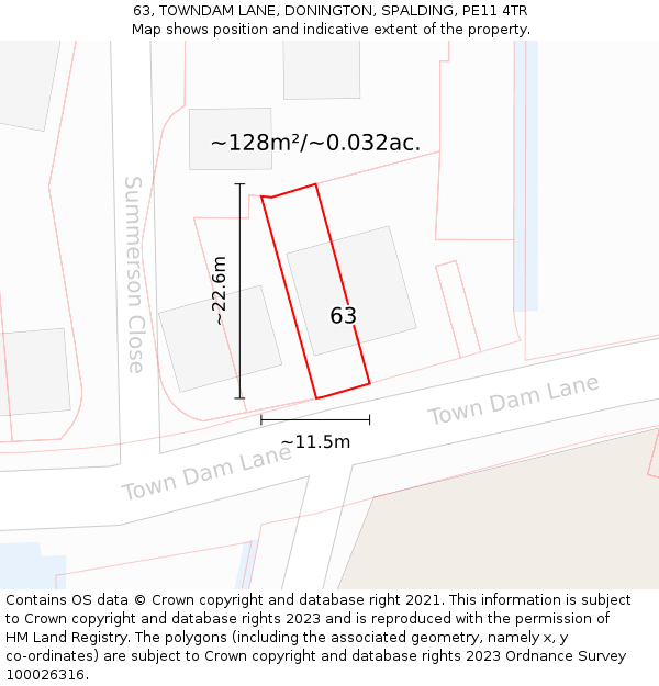 63, TOWNDAM LANE, DONINGTON, SPALDING, PE11 4TR: Plot and title map