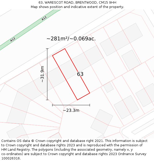 63, WARESCOT ROAD, BRENTWOOD, CM15 9HH: Plot and title map