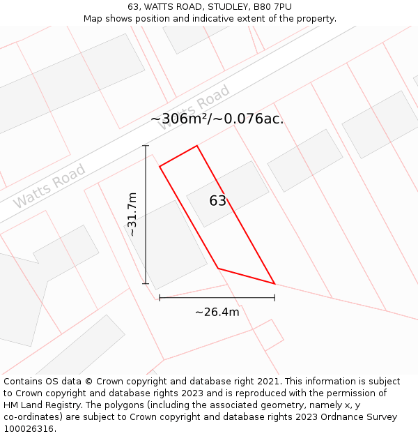 63, WATTS ROAD, STUDLEY, B80 7PU: Plot and title map