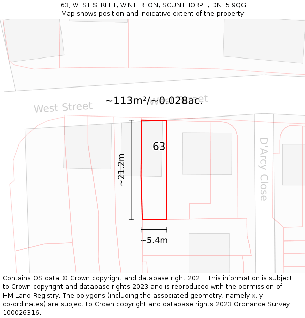 63, WEST STREET, WINTERTON, SCUNTHORPE, DN15 9QG: Plot and title map