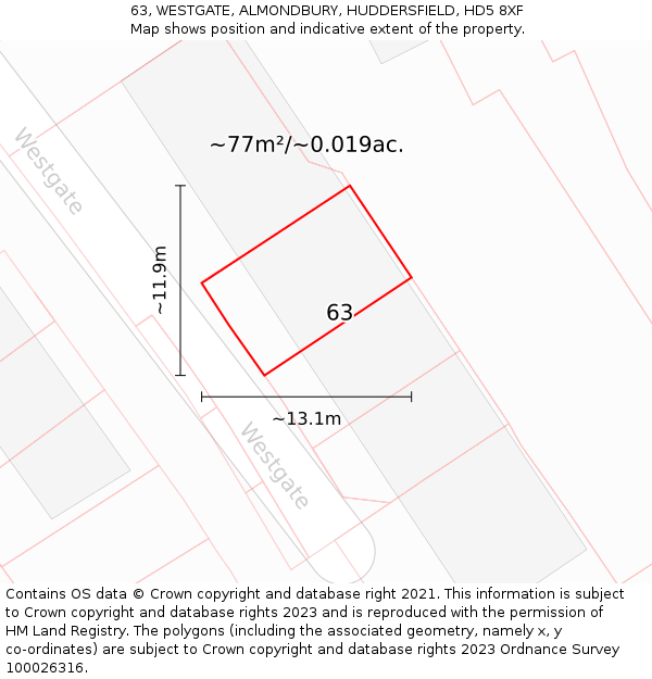 63, WESTGATE, ALMONDBURY, HUDDERSFIELD, HD5 8XF: Plot and title map