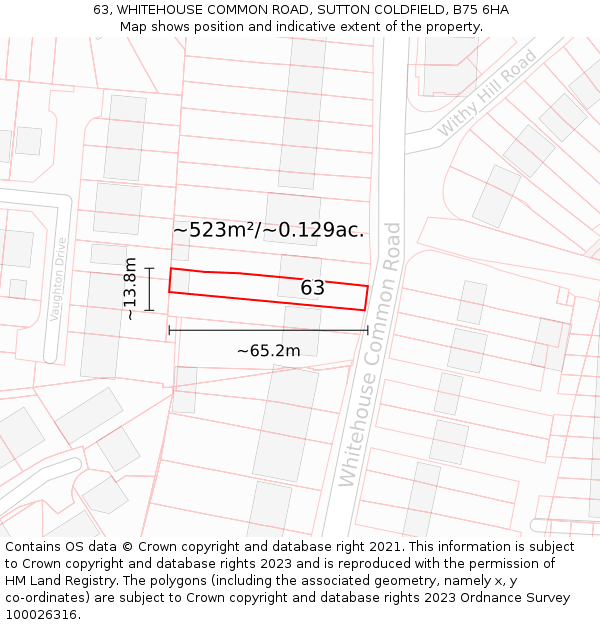 63, WHITEHOUSE COMMON ROAD, SUTTON COLDFIELD, B75 6HA: Plot and title map