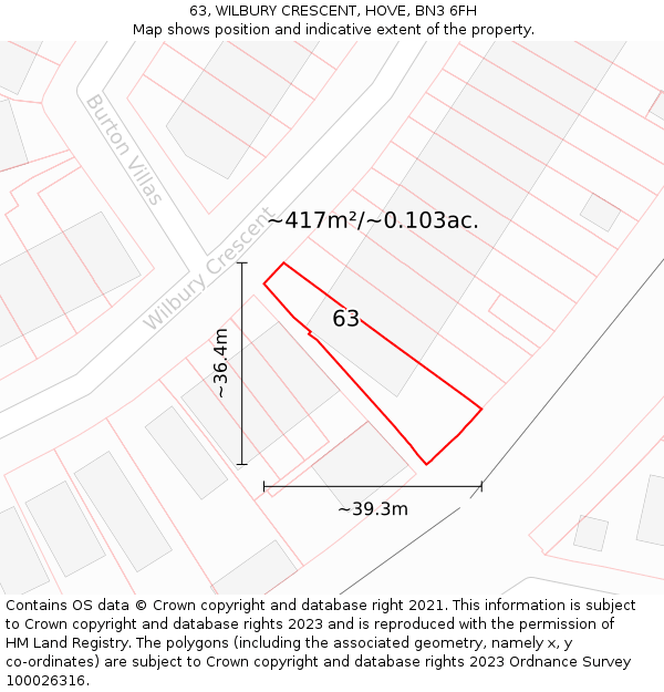 63, WILBURY CRESCENT, HOVE, BN3 6FH: Plot and title map