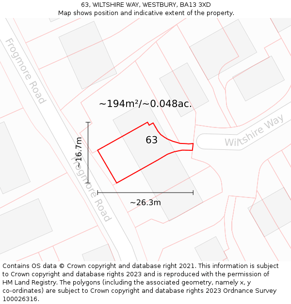 63, WILTSHIRE WAY, WESTBURY, BA13 3XD: Plot and title map