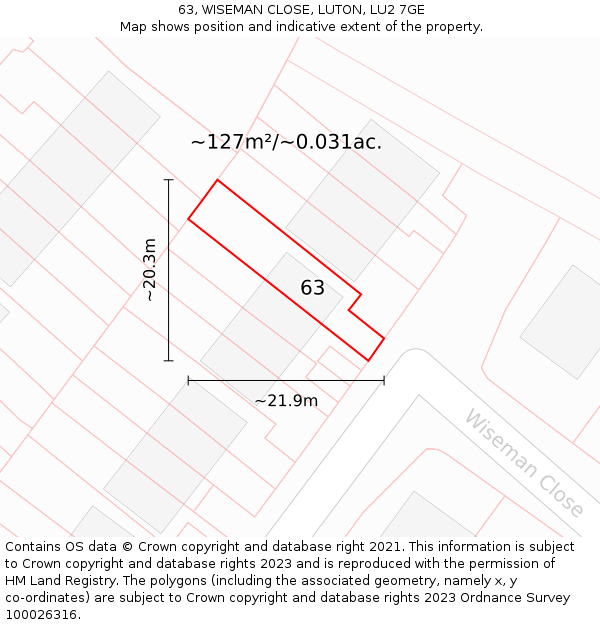 63, WISEMAN CLOSE, LUTON, LU2 7GE: Plot and title map