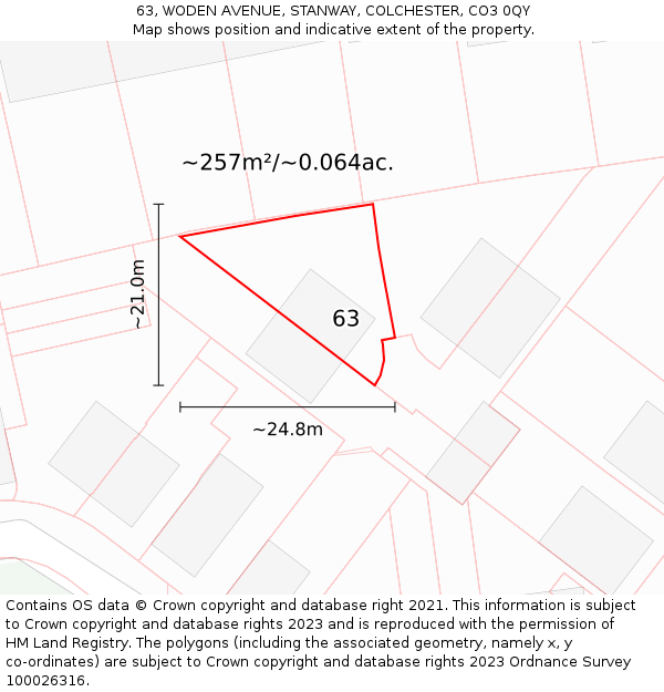 63, WODEN AVENUE, STANWAY, COLCHESTER, CO3 0QY: Plot and title map