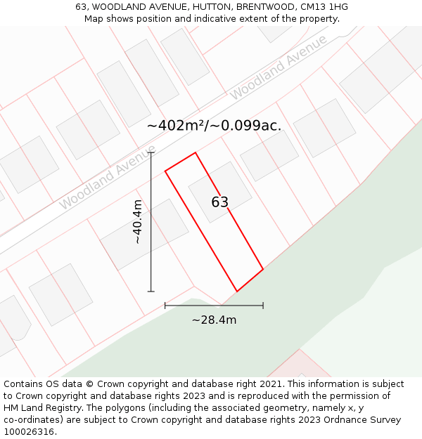 63, WOODLAND AVENUE, HUTTON, BRENTWOOD, CM13 1HG: Plot and title map