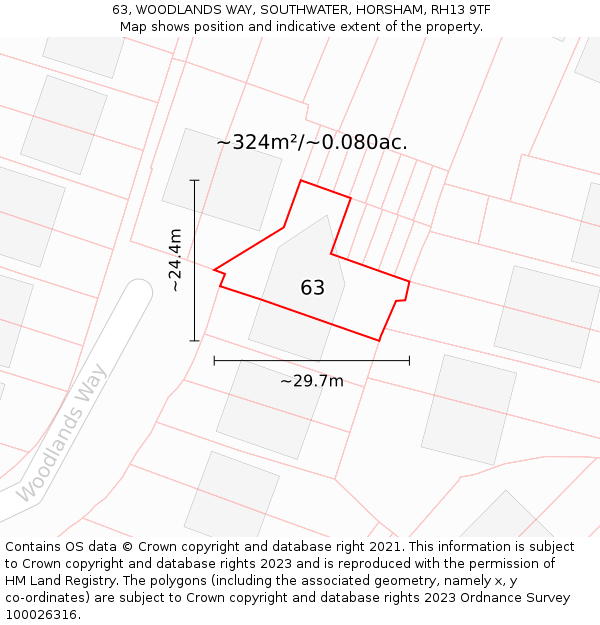 63, WOODLANDS WAY, SOUTHWATER, HORSHAM, RH13 9TF: Plot and title map