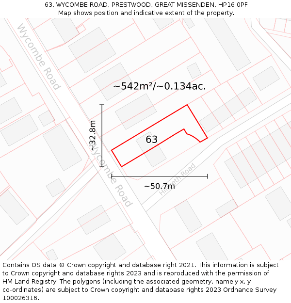 63, WYCOMBE ROAD, PRESTWOOD, GREAT MISSENDEN, HP16 0PF: Plot and title map