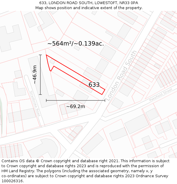 633, LONDON ROAD SOUTH, LOWESTOFT, NR33 0PA: Plot and title map