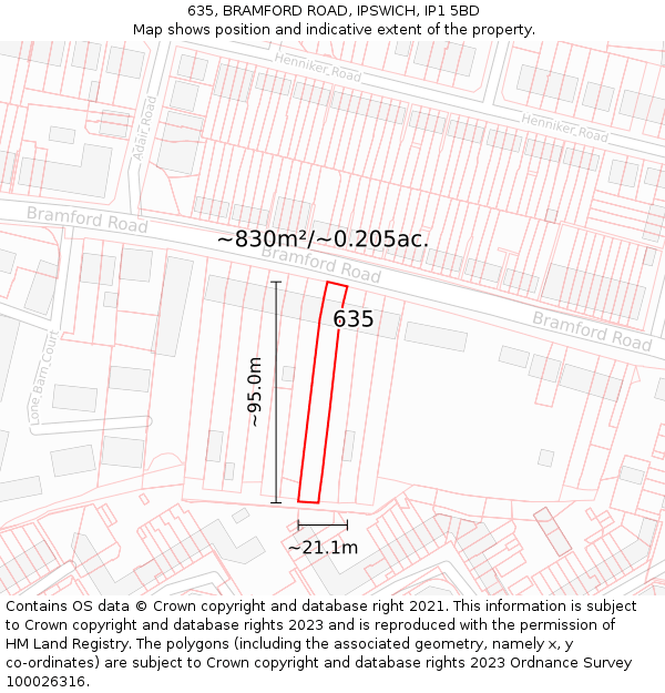 635, BRAMFORD ROAD, IPSWICH, IP1 5BD: Plot and title map