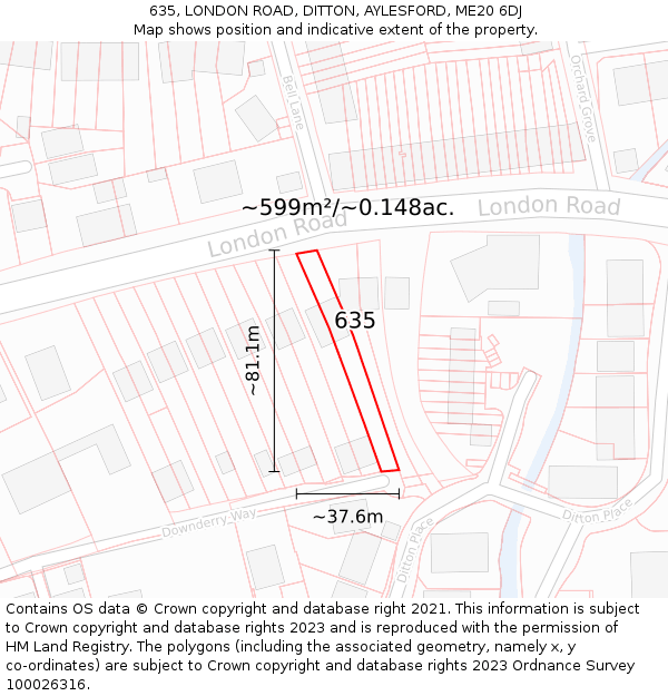 635, LONDON ROAD, DITTON, AYLESFORD, ME20 6DJ: Plot and title map