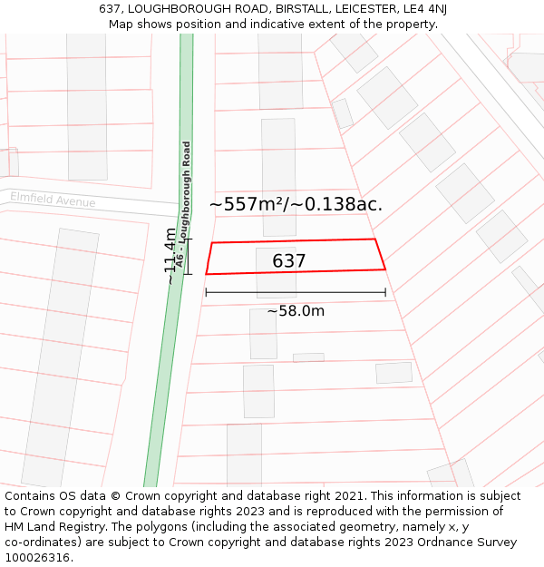 637, LOUGHBOROUGH ROAD, BIRSTALL, LEICESTER, LE4 4NJ: Plot and title map