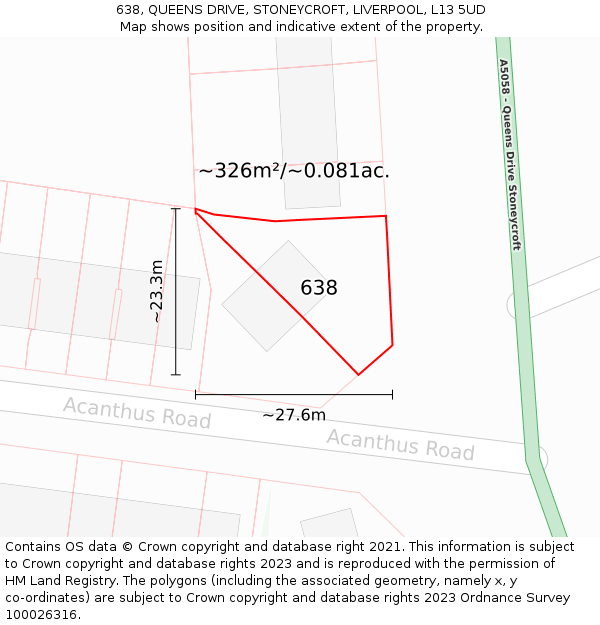 638, QUEENS DRIVE, STONEYCROFT, LIVERPOOL, L13 5UD: Plot and title map