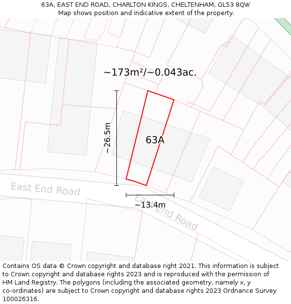 63A, EAST END ROAD, CHARLTON KINGS, CHELTENHAM, GL53 8QW: Plot and title map