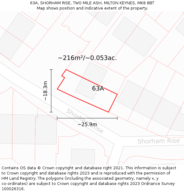 63A, SHORHAM RISE, TWO MILE ASH, MILTON KEYNES, MK8 8BT: Plot and title map