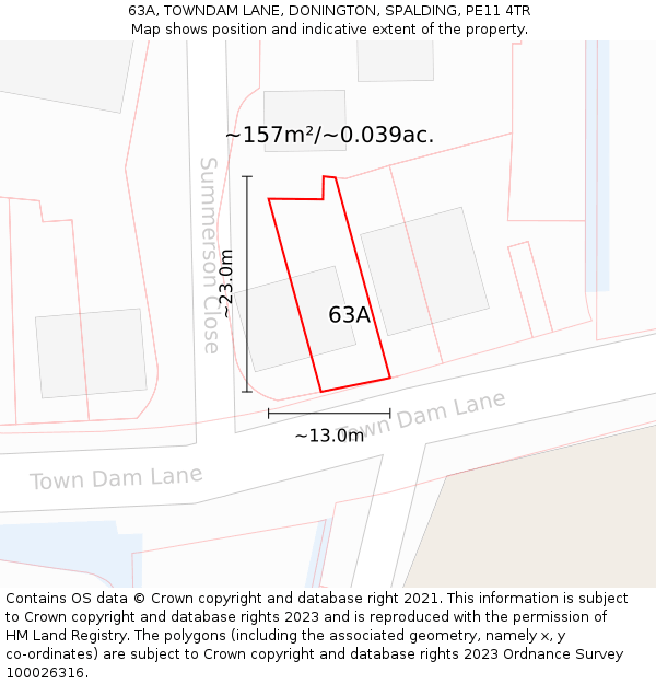 63A, TOWNDAM LANE, DONINGTON, SPALDING, PE11 4TR: Plot and title map