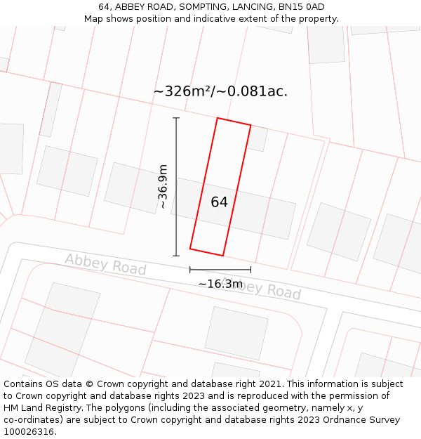 64, ABBEY ROAD, SOMPTING, LANCING, BN15 0AD: Plot and title map