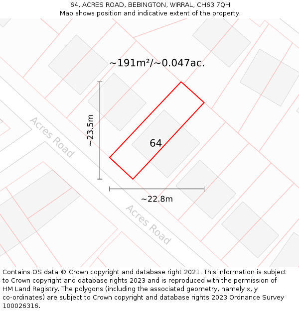 64, ACRES ROAD, BEBINGTON, WIRRAL, CH63 7QH: Plot and title map